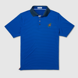 A royal blue short-sleeve polo shirt with a charcoal collar, featuring a four-button placket and a small embroidered logo on the left chest. The shirt is presented flat against a light gray background
