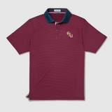 A short-sleeve polo shirt in garnet with a charcoal collar, featuring a four-button placket and a gold embroidered 'FSU' logo on the left chest. The shirt is displayed flat against a light gray background.