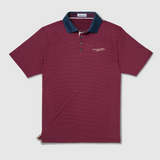 A short-sleeve polo shirt in garnet with a charcoal collar and a small embroidered logo on the left chest, displayed flat against a light gray background.