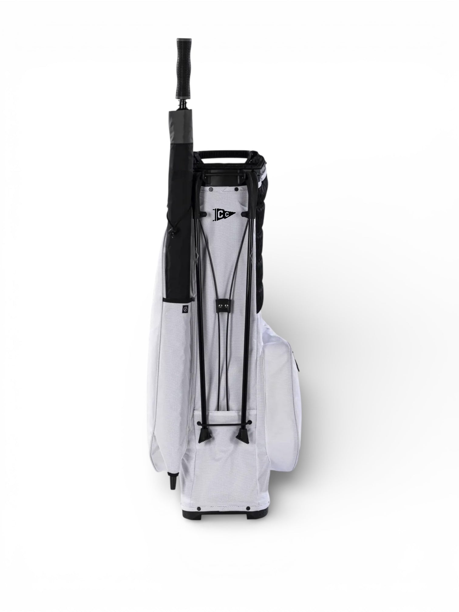 White golf bag with black accents on a white background