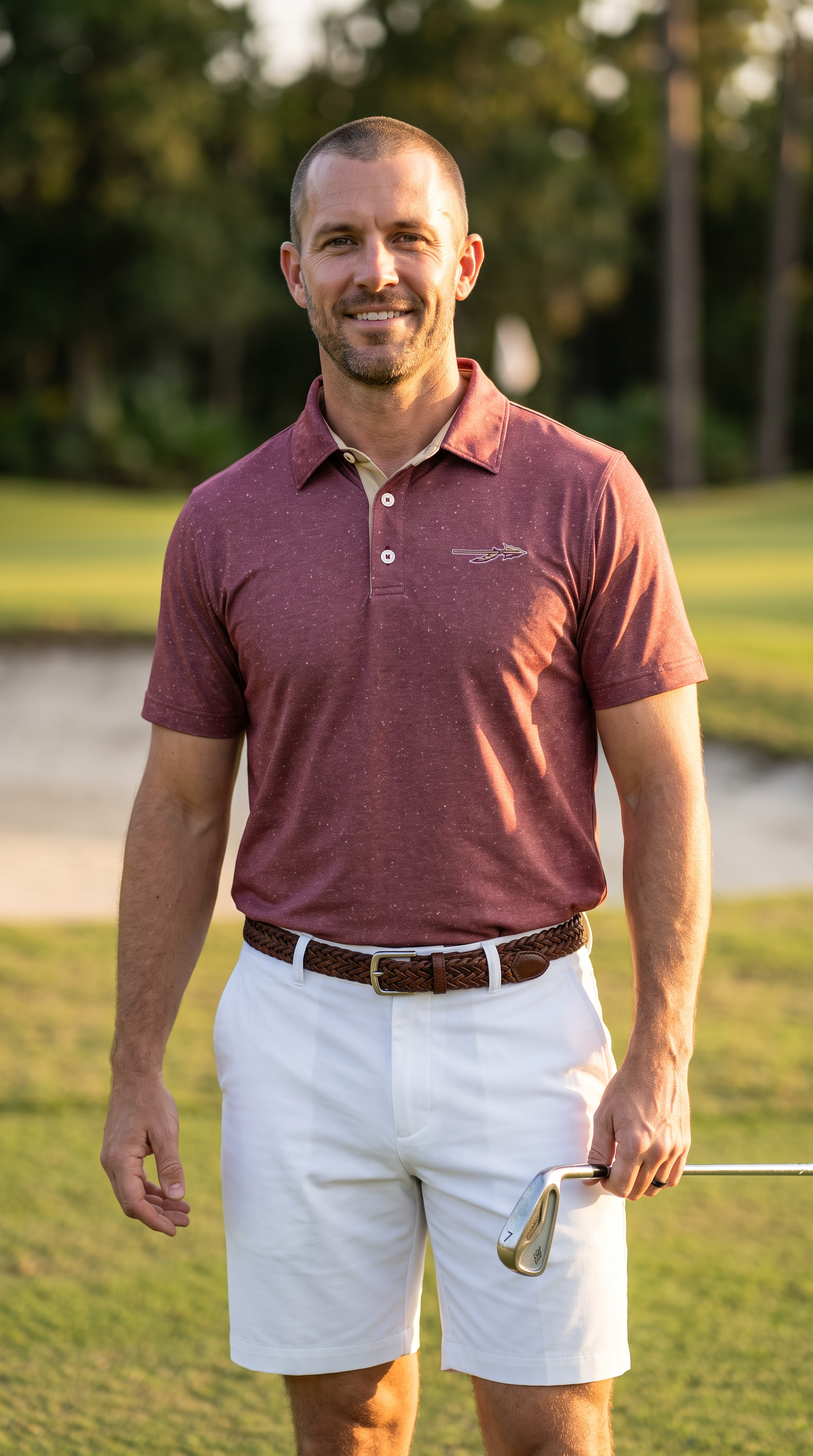 A man standing on a golf course wearing a heathered FSU garnet short-sleeve polo shirt, white shorts, and holding a golf club.