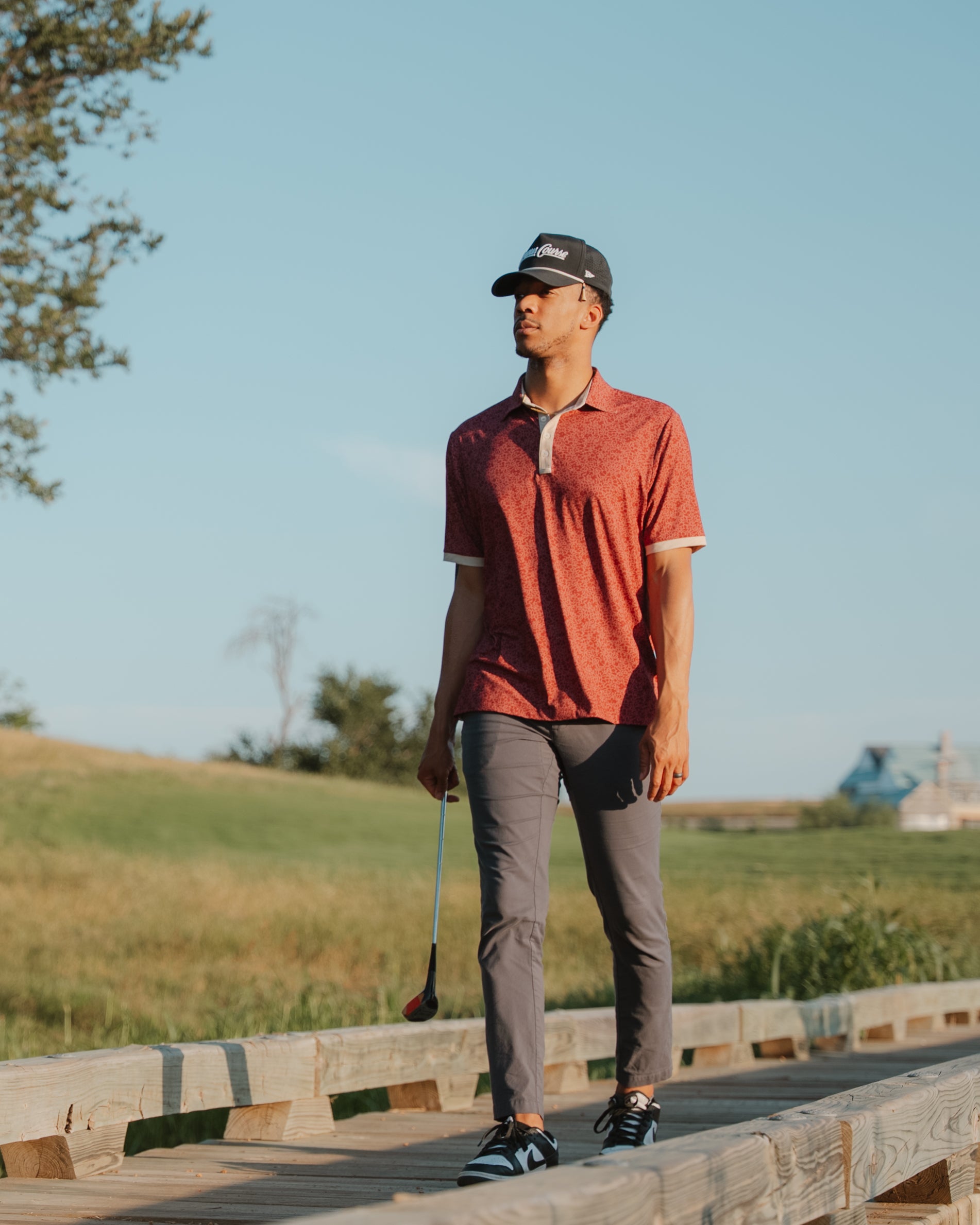 Florida State Fairway Floral four-button polo in garnet and gold floral pattern