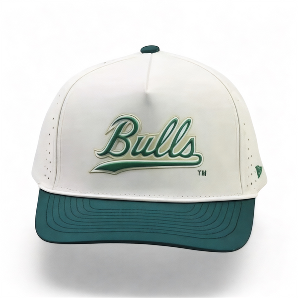 University of South Florida  USF Bulls Tan and Green Rope Hat. Fairway Performance premium hat by Campus Course.