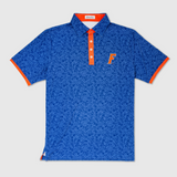 Blue floral patterned UF polo shirt with orange accents on a light gray background
