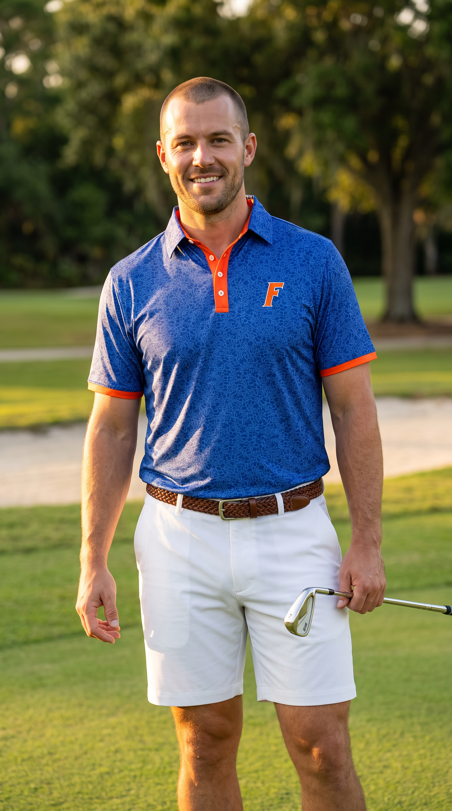 A man standing on a golf course wearing a blue floral pattern UF polo shirt with orange trim and a matching orange logo, white golf shorts, and holding a golf club.