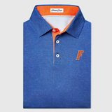 Blue UF polo shirt with orange accents and a logo on a light gray background