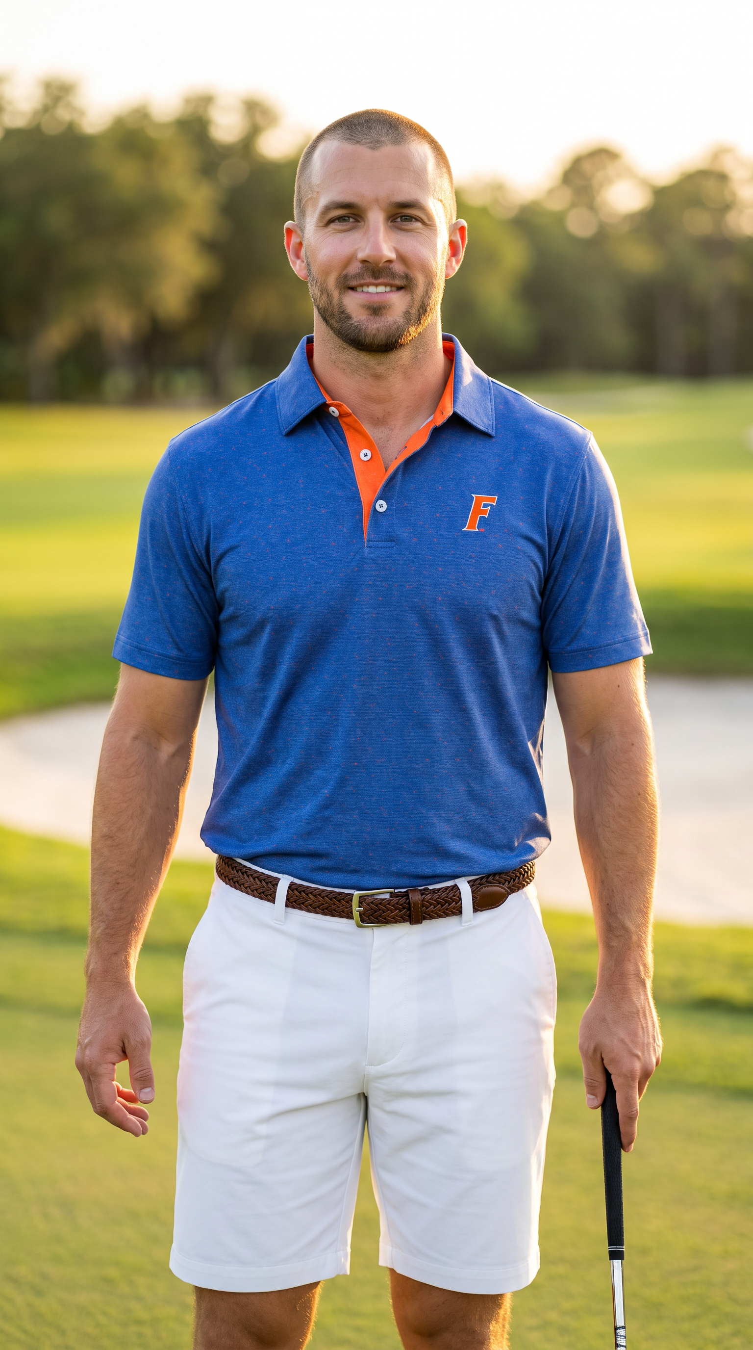 A man wearing a blue UF polo shirt with an orange collar and a small orange 'F' logo on the chest, paired with white shorts, standing on a golf course at sunset.