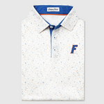 White UF polo shirt with blue collar and colorful speckled pattern on a light gray background