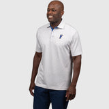 Man wearing a white UF polo shirt with a logo on a light gray background