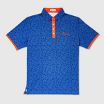 Blue floral patterned UF polo shirt with orange accents on a light gray background