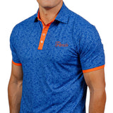 Blue floral patterned UF polo shirt with orange accents on a white background