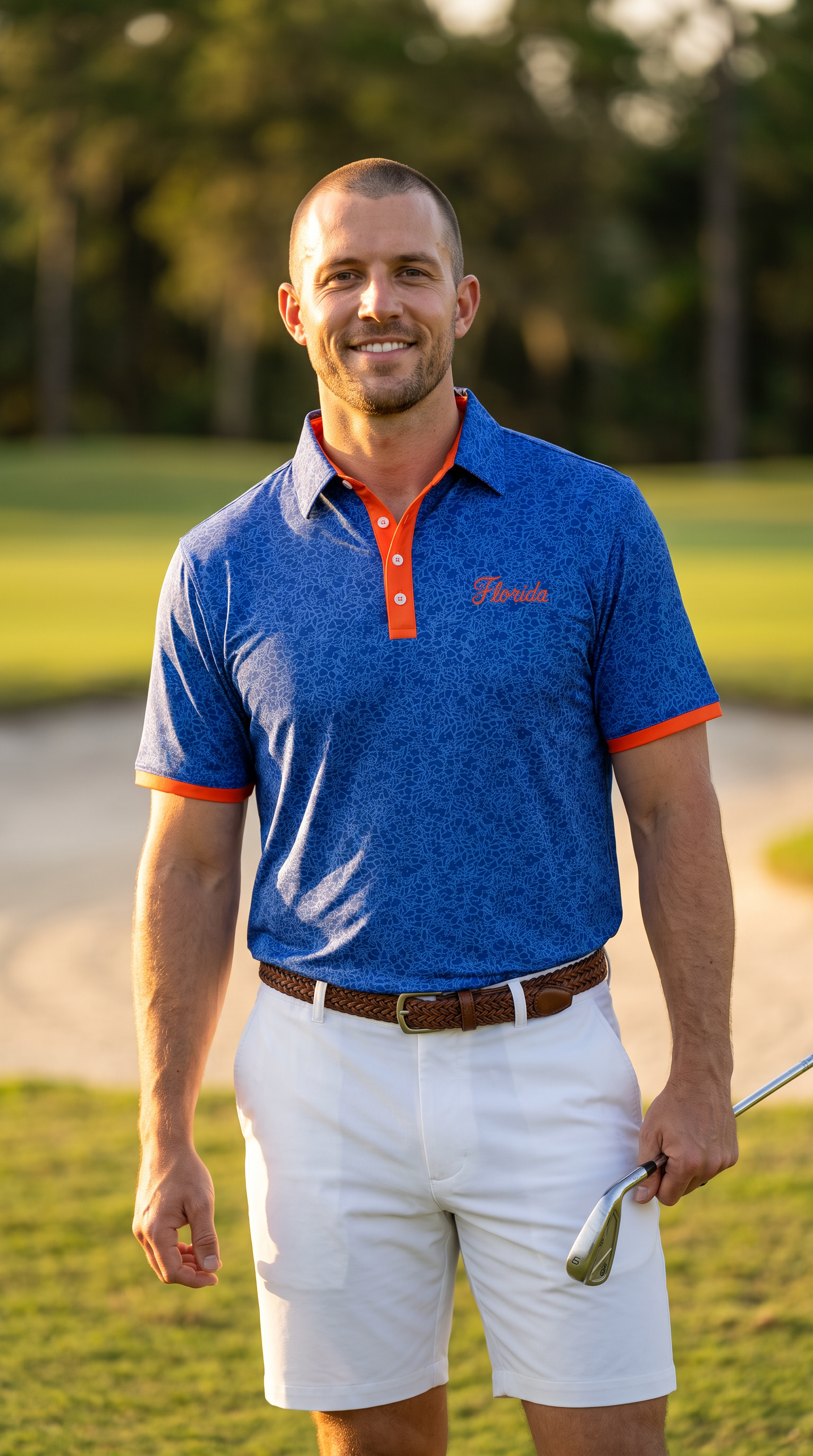 A man wearing a blue floral patterned UF polo shirt with orange trim and a matching blue patterned golf shirt, white shorts, and a brown belt, standing on a golf course and holding a golf club.