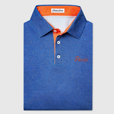 Blue UF polo shirt with orange accents and 'Florida' embroidery on a light gray background