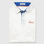 White UF polo shirt with multicolor speckles and 'Florida' text on a light gray background