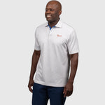 Man wearing a white UF polo shirt with a logo on a white background