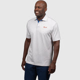 Man wearing a white UF polo shirt with a logo on a white background