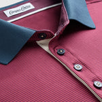Close-up of a Campus Course button-up shirt with a textured garnet striped body, a solid gray collar, and a cream inner placket.