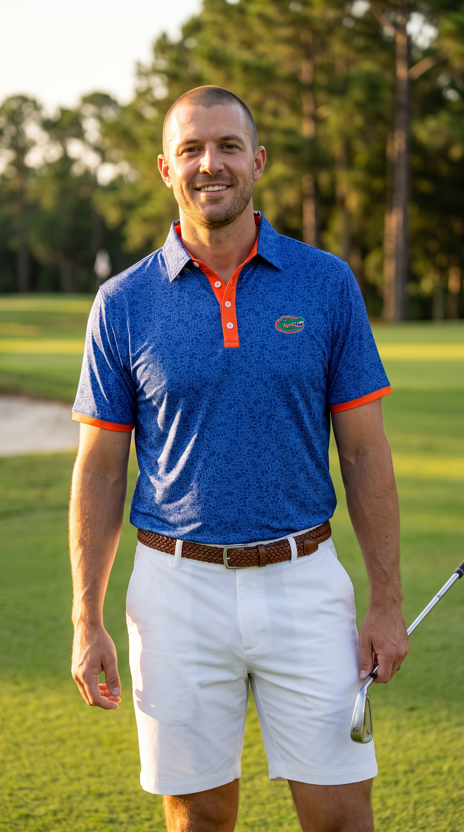 A man standing on a golf course wearing a blue floral patterned UF polo shirt with orange trim and a green Gator logo, paired with white shorts.