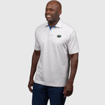 Man wearing a white UF polo shirt with a logo on a white background