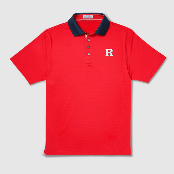 Rutgers Scarlet Men’s performance polo with block R on chest front view.