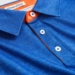Close-up of a blue UF polo shirt with orange collar and 'Campus Course' branding.