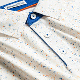 Close-up of a white UF shirt with blue and orange speckles and a Campus Course tag.